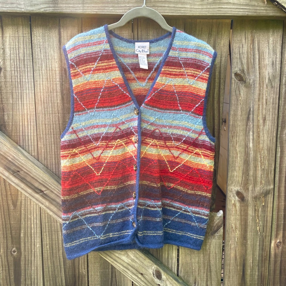 Koret City Blues Mohair Vintage Cottagecore Crocheted Knit Button Down Vest